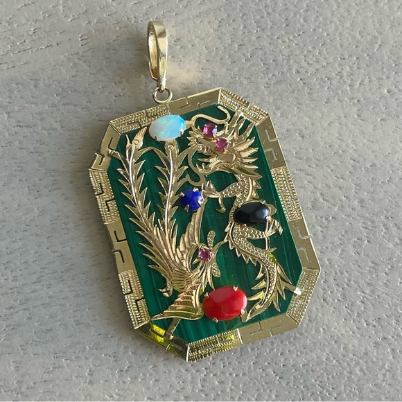 🐲14K Solid Gold Lucky Dragon🐲 Malachite, Opal, Onyx, Ruby, Lapis Charm Pendant - Picture 4 of 9